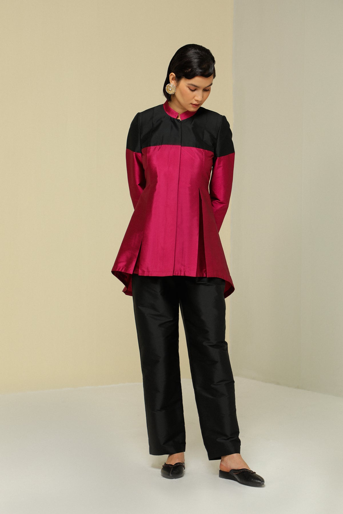 Plum All weather Silk Band Collar Jacket