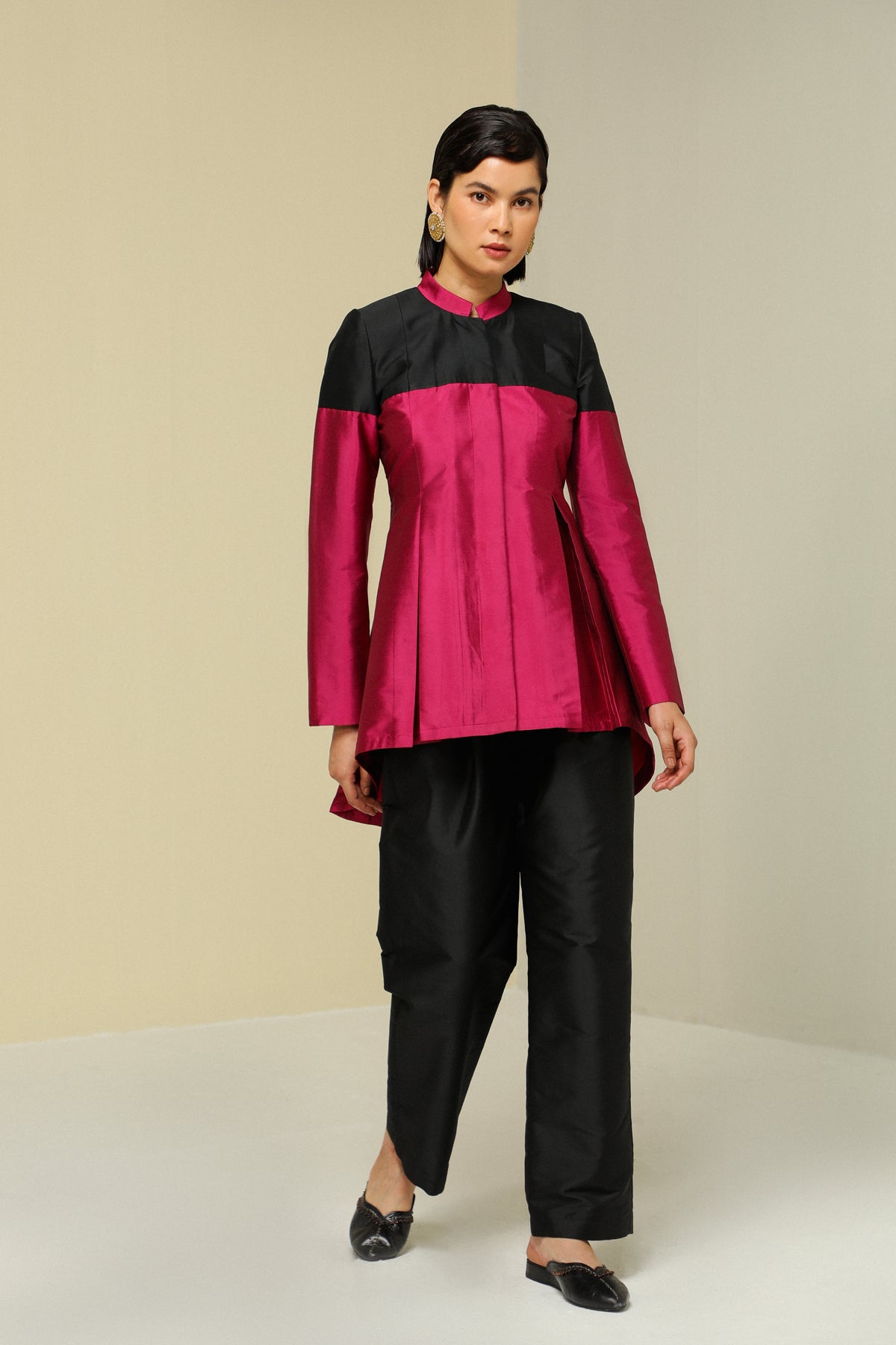 Plum All weather Silk Band Collar Jacket