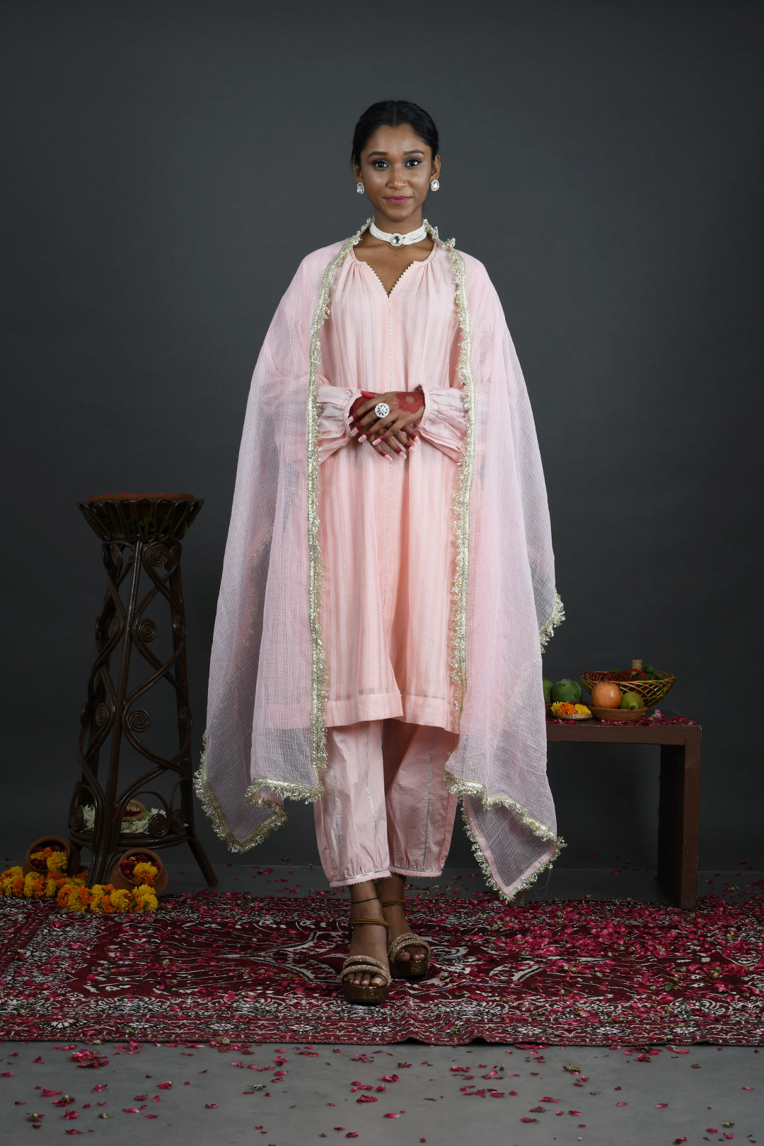 Mehak -  Pink Handloom Chanderi Drop Shoulder Kurta Set