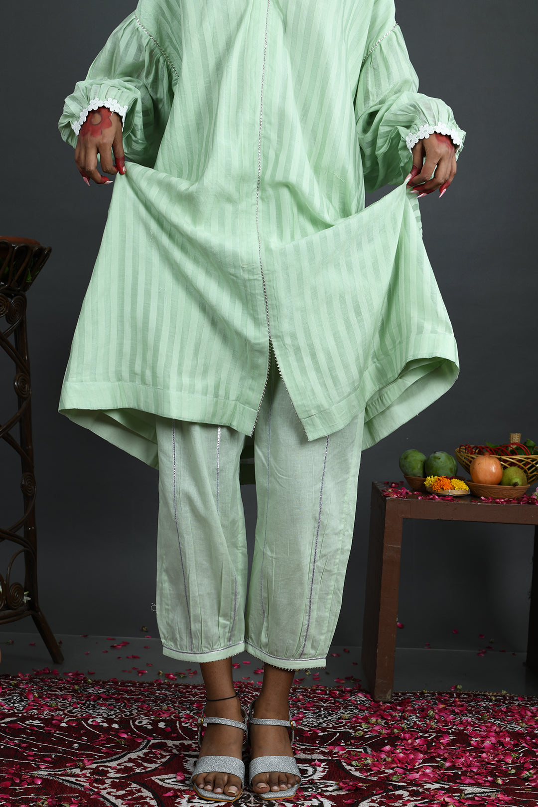 Bagiya - Green Handloom Chanderi Drop Shoulder Kurta Set