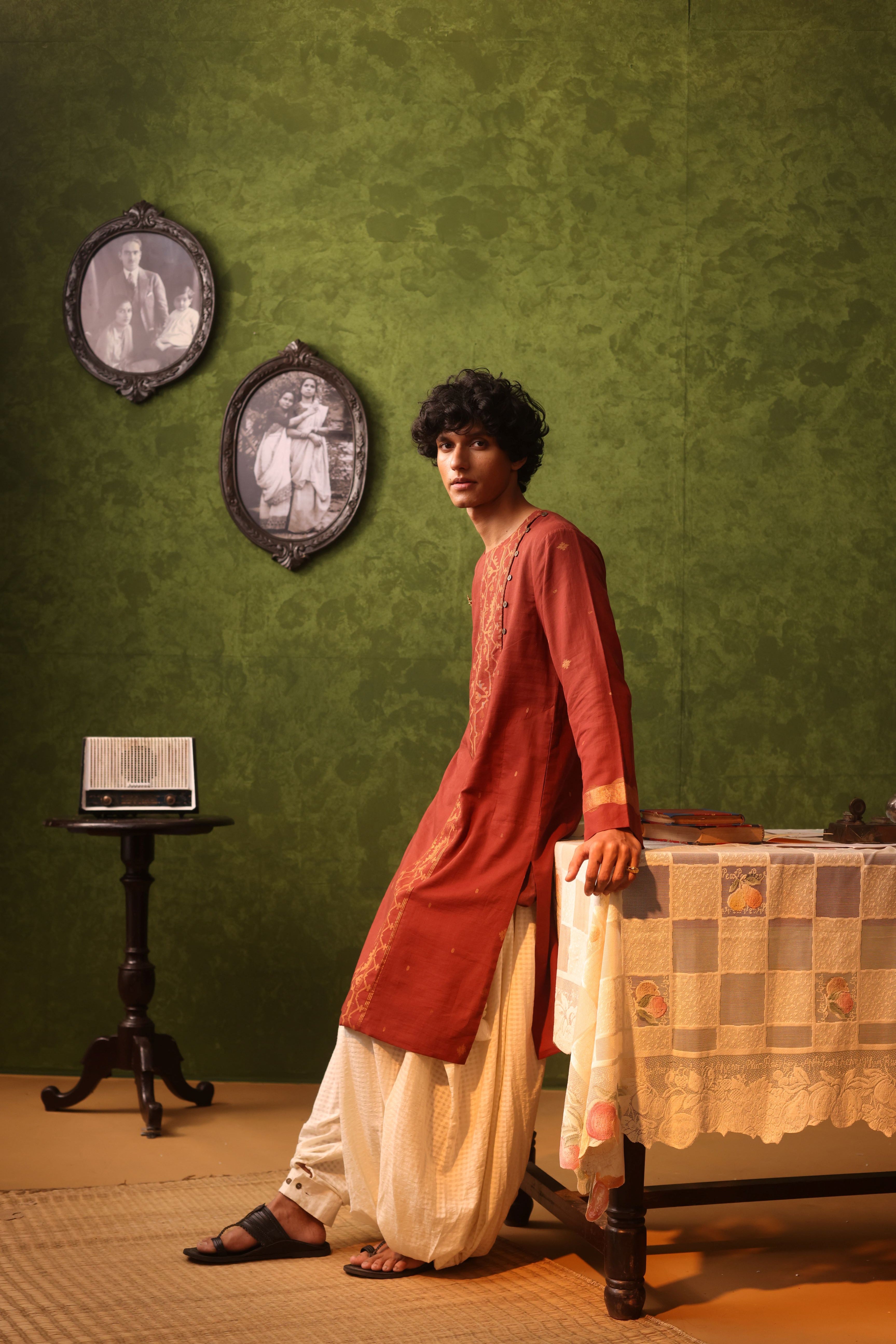 Cream Handwoven Cotton Self Checked Dhoti Pants