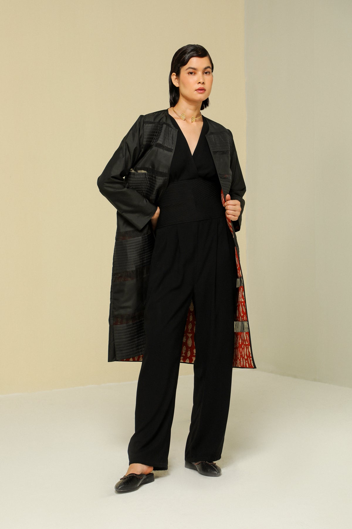 Black Stripe Silk Reversible Long Jacket