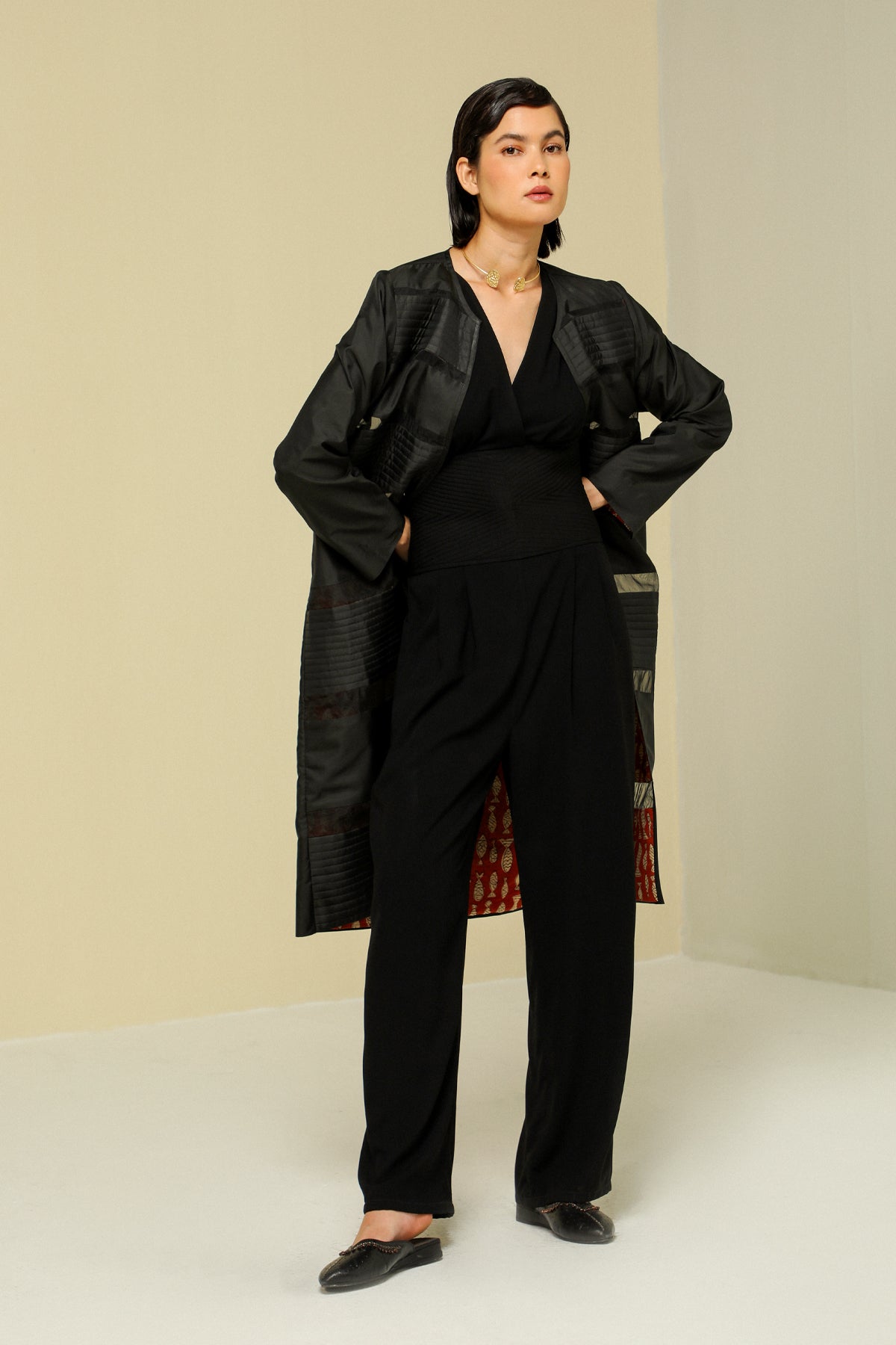 Black Stripe Silk Reversible Long Jacket