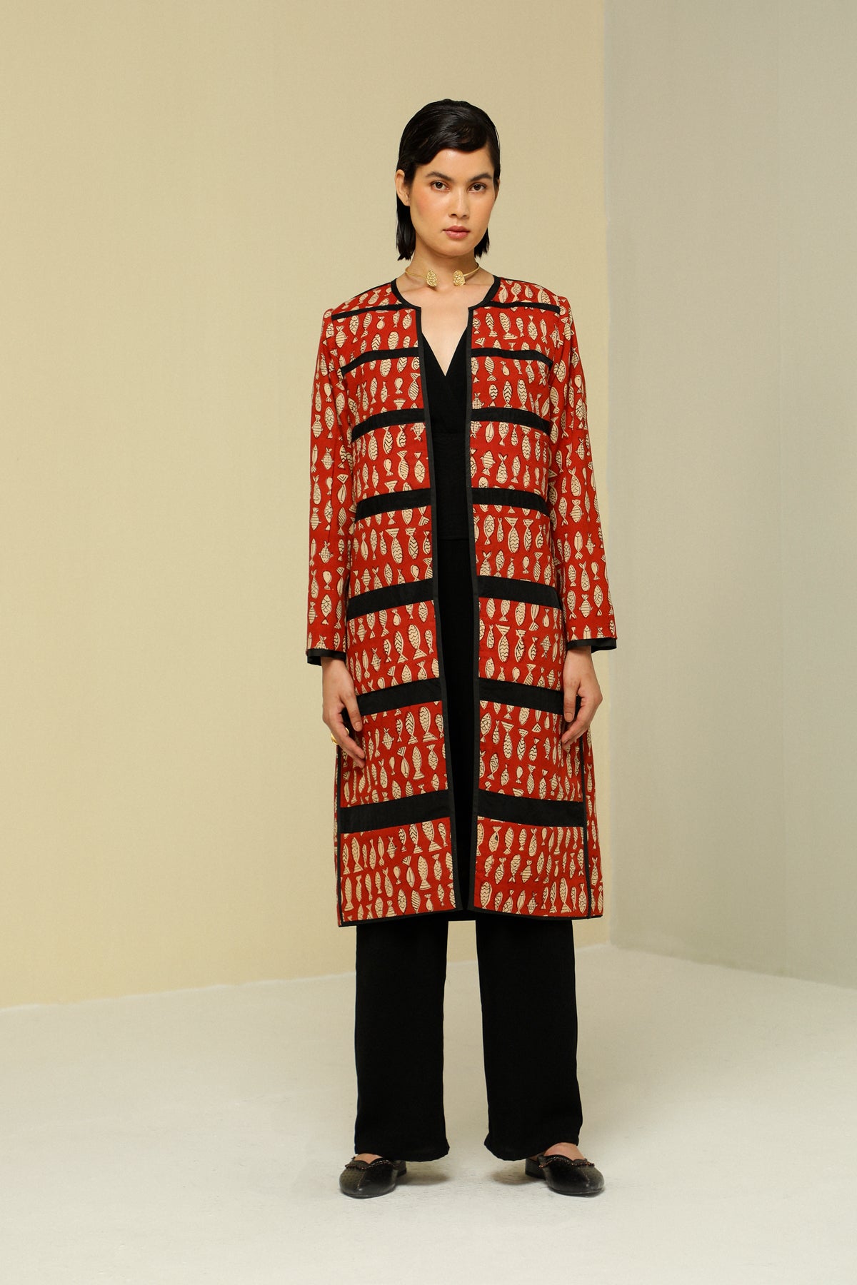 Black Stripe Silk Reversible Long Jacket