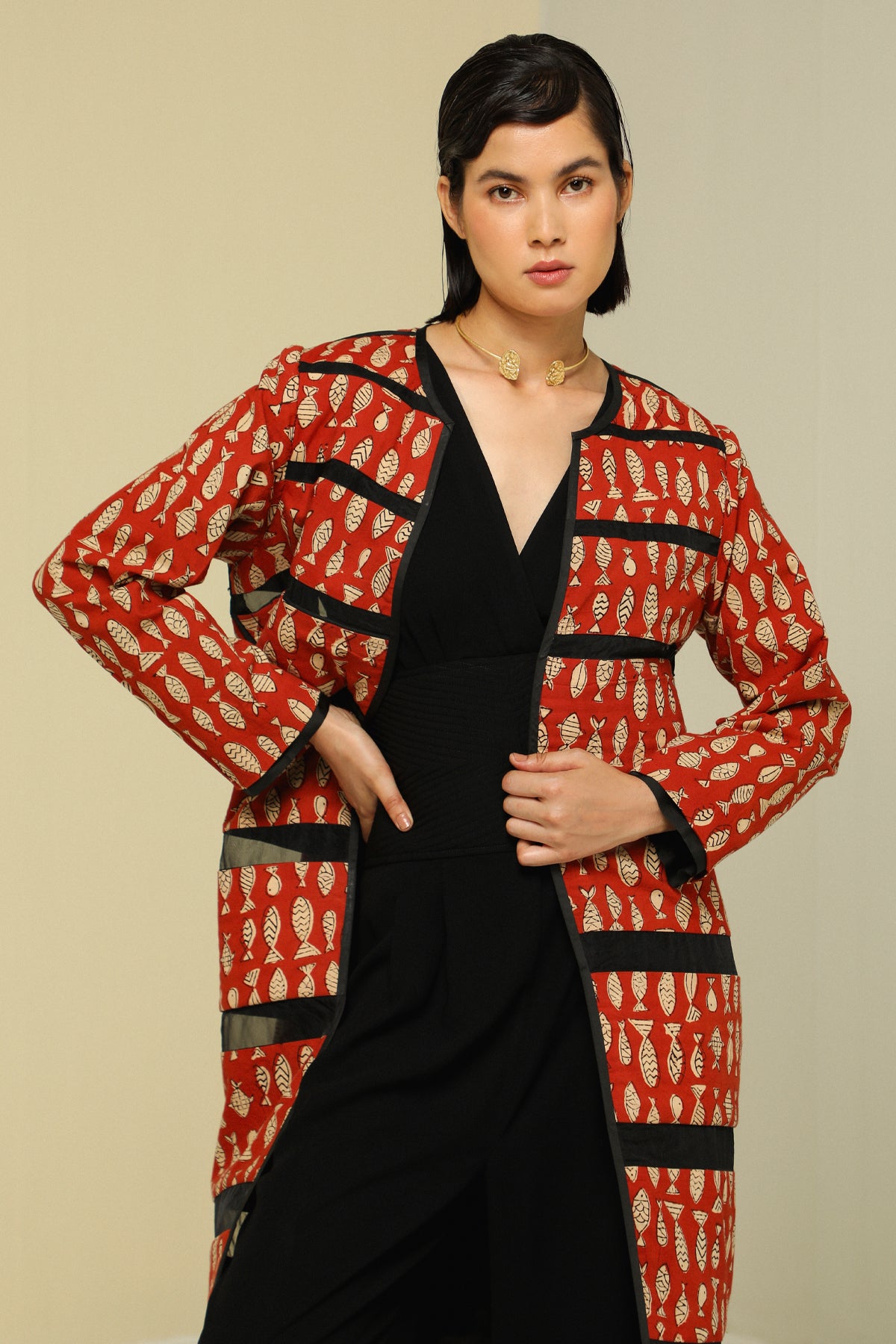 Black Stripe Silk Reversible Long Jacket