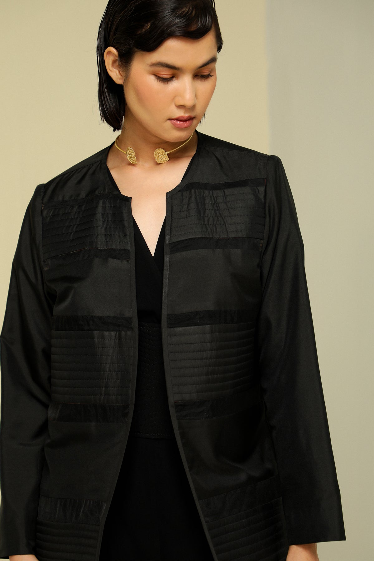 Black Stripe Silk Reversible Long Jacket