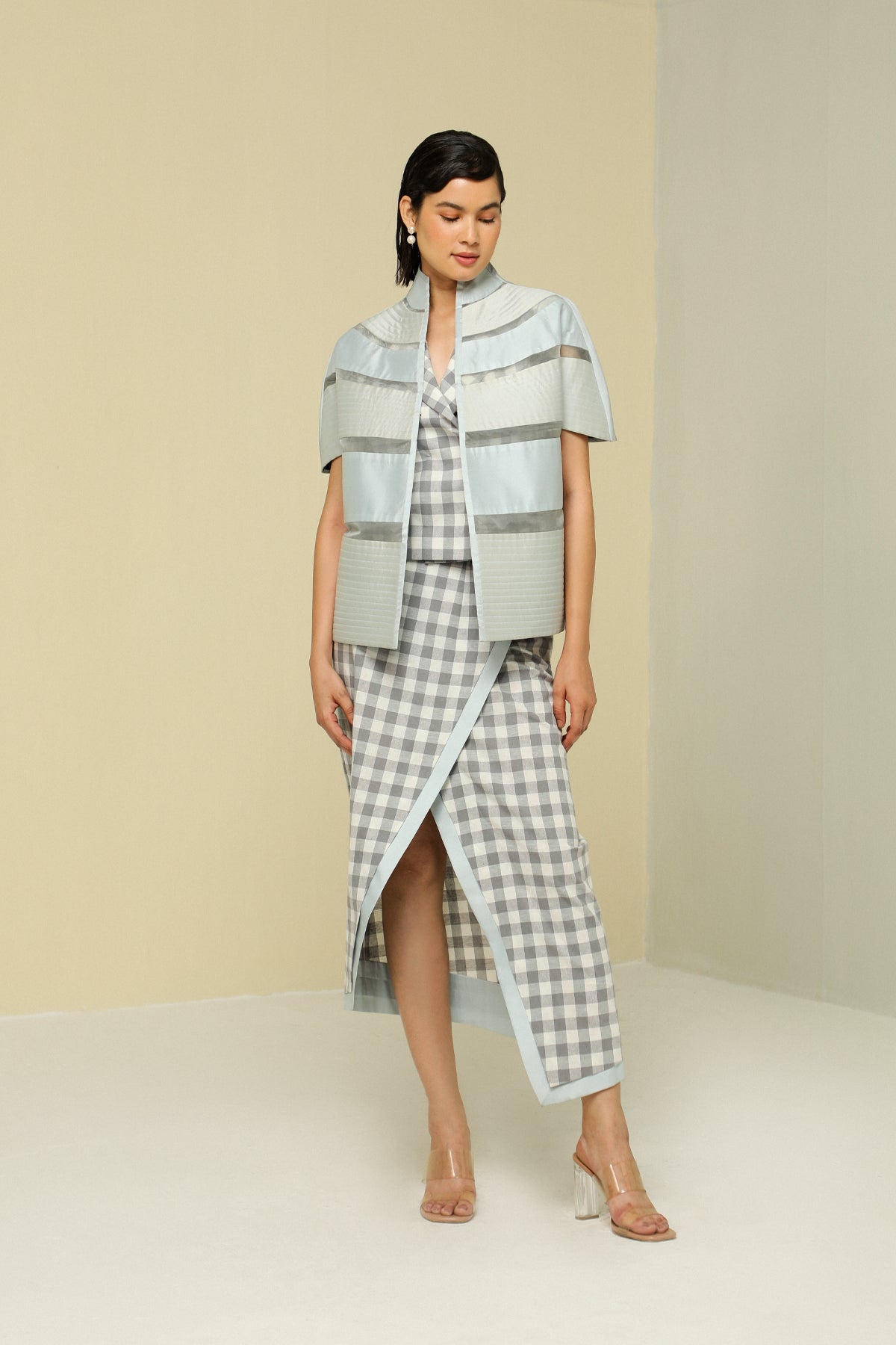 Ice Blue Silk Stripe Lightweight Reversible Short Jacket