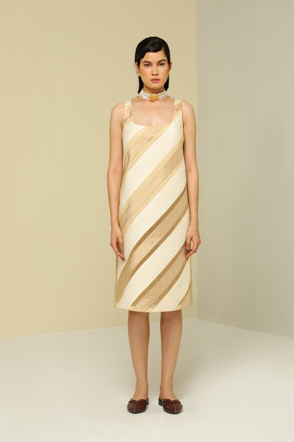 Gold And White All Weather Silk Diagonal Dress