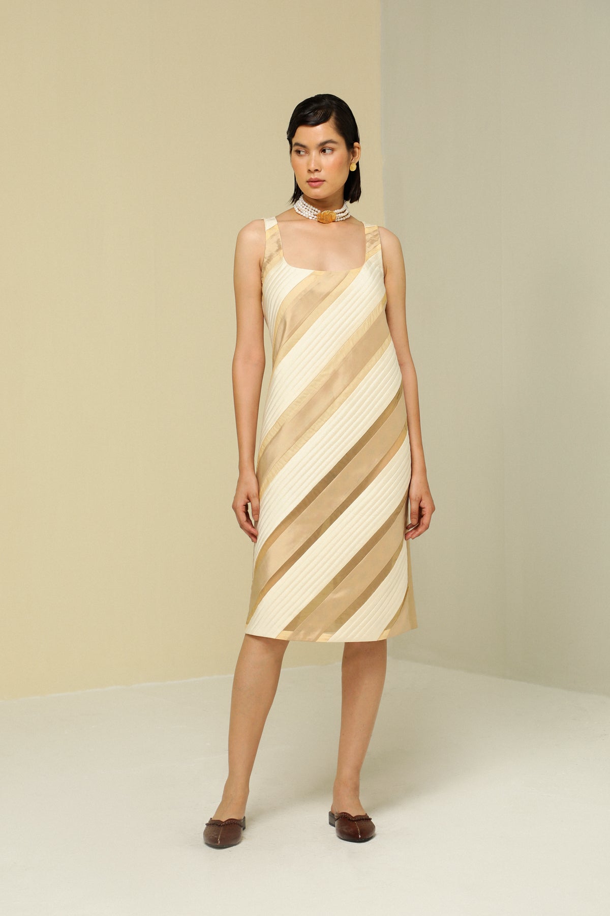 Gold And White All Weather Silk Diagonal Dress