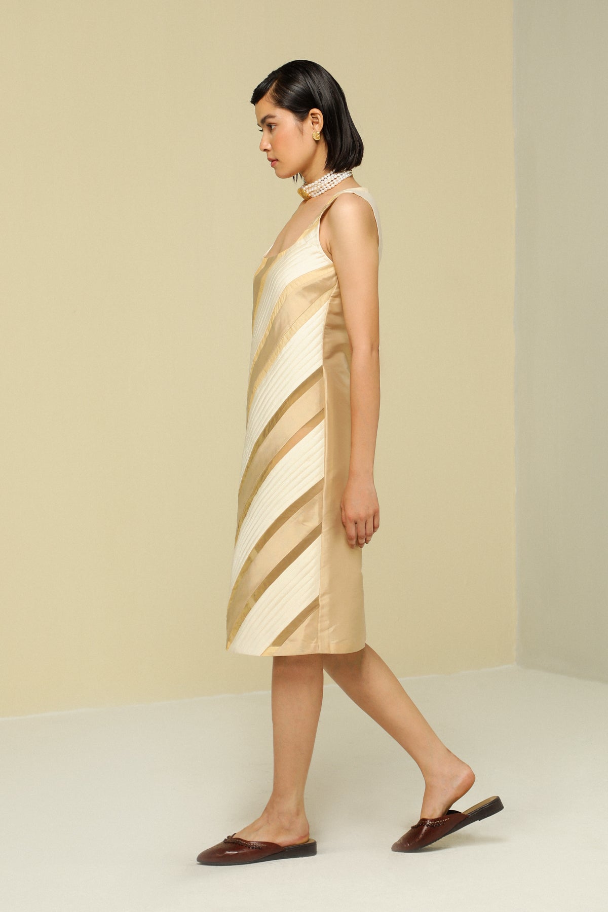 Gold And White All Weather Silk Diagonal Dress