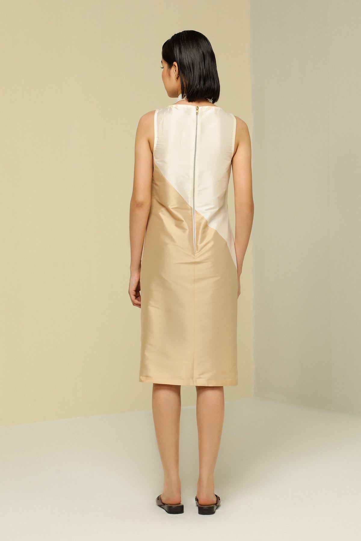 Gold And White All Weather Silk Diagonal Dress