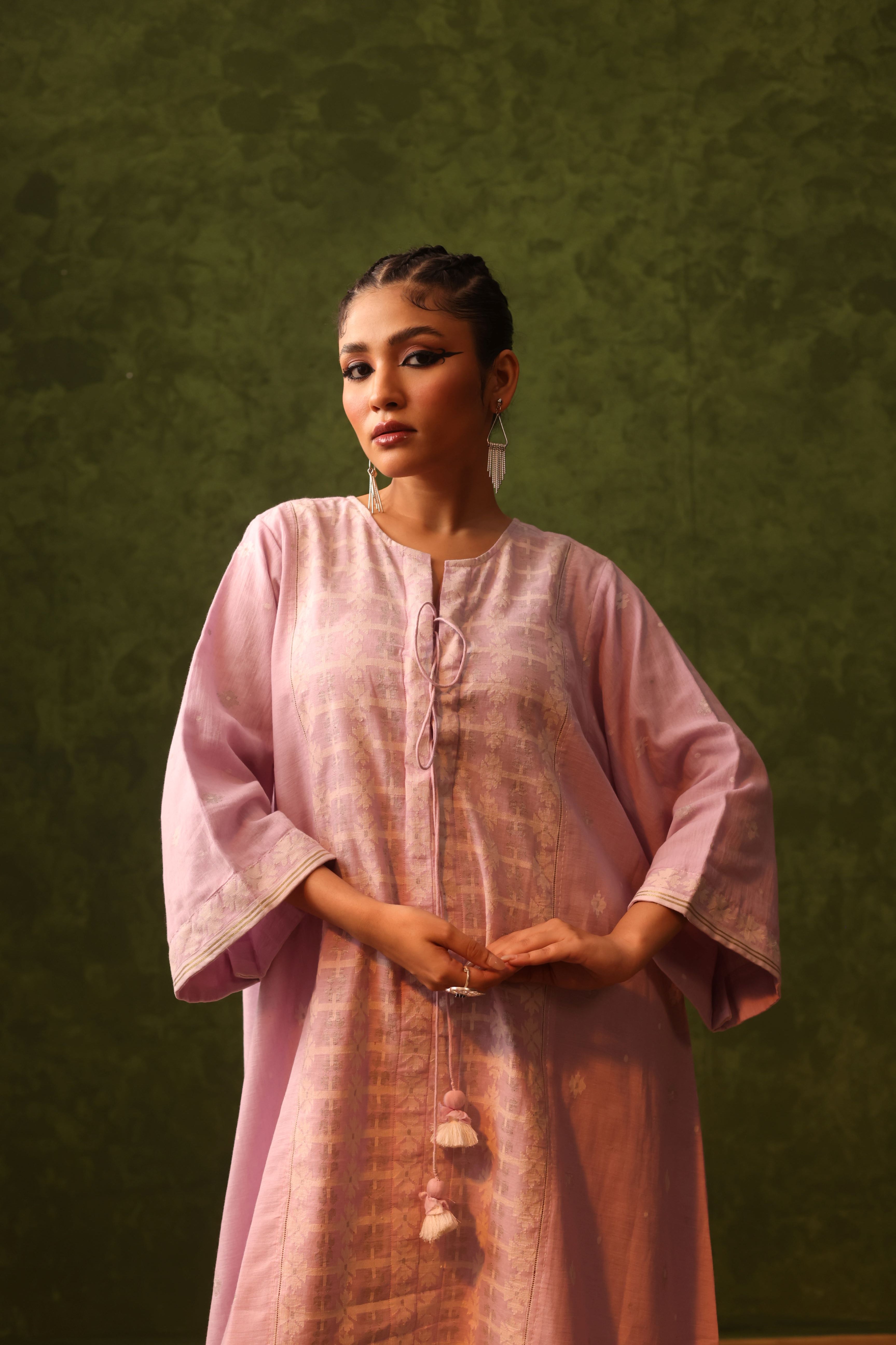 Aafreen - Blush Pink Handwoven Cotton Jamdani Layered Dress