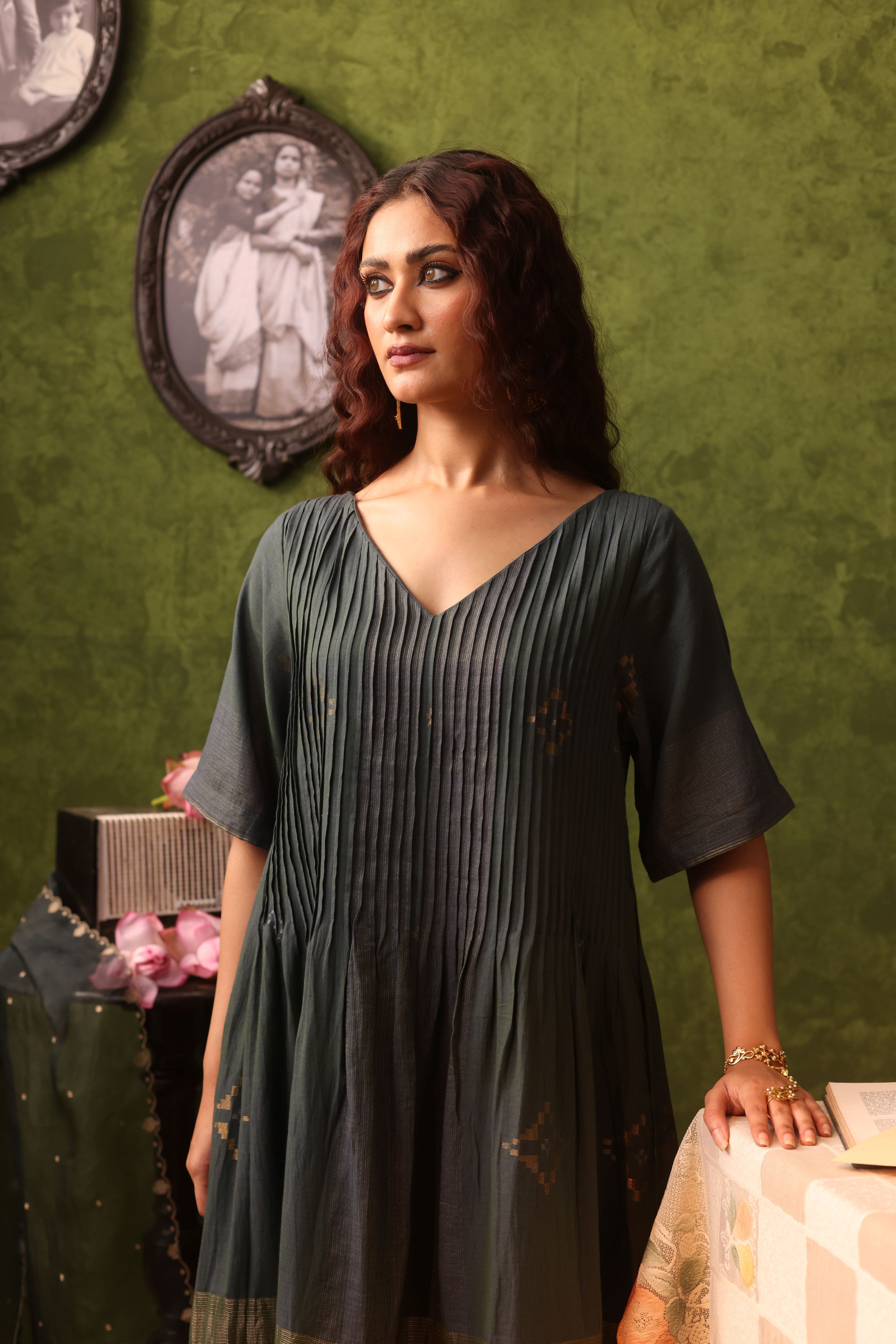 Bindu - Dual Shades Of Blue And Green Handwoven Cotton Jamdani Yoke Dress