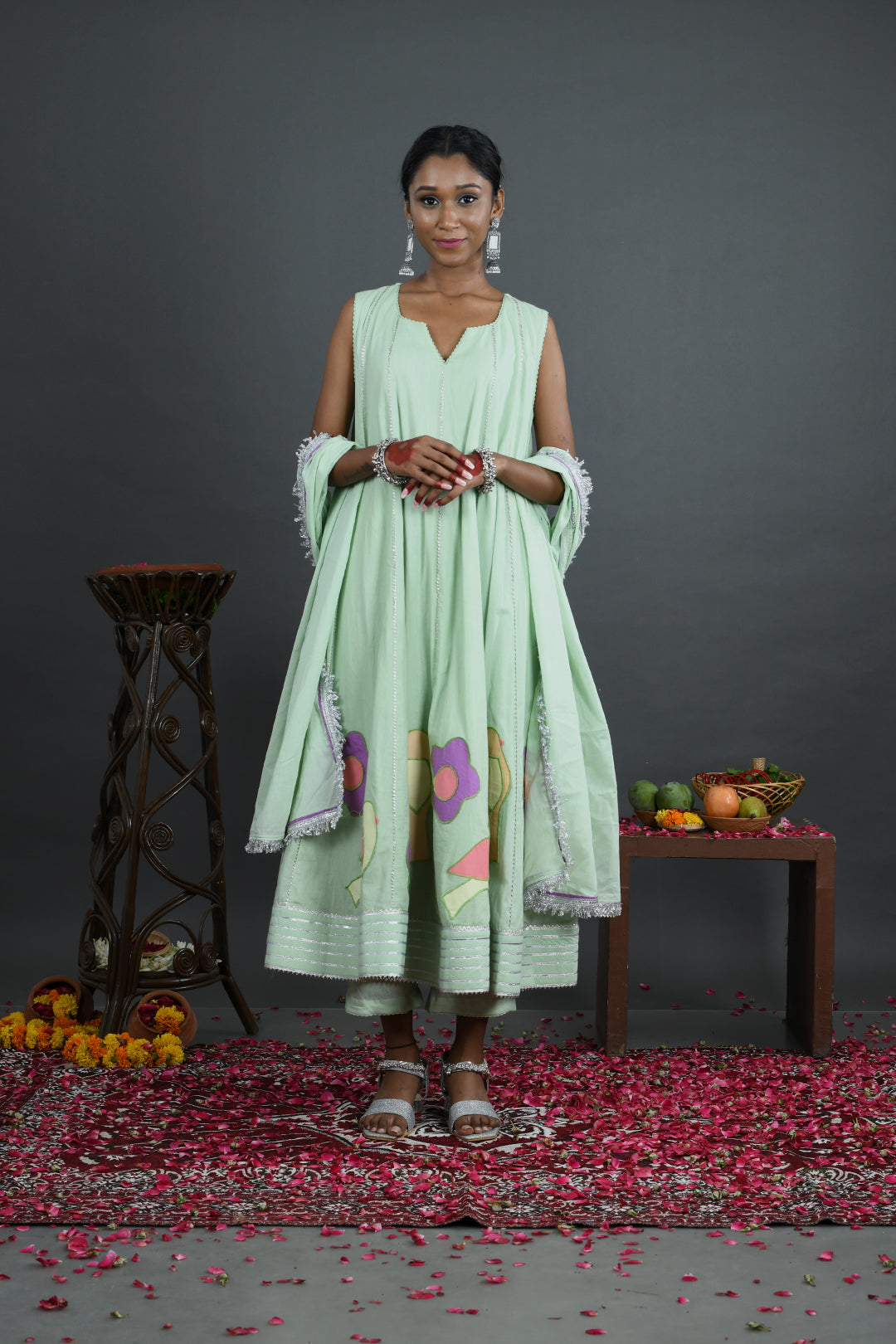 Bahaar - Green Mulmul Anarkali set