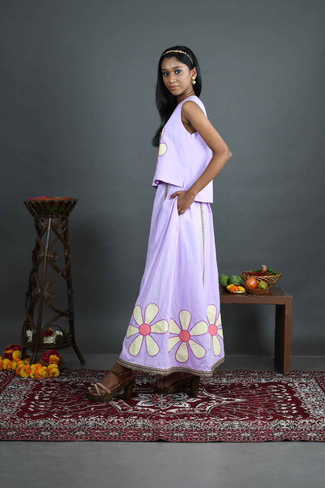 Umang - Lavender Cotton Poplin Skirt and Waistcoat Co-Ord Set