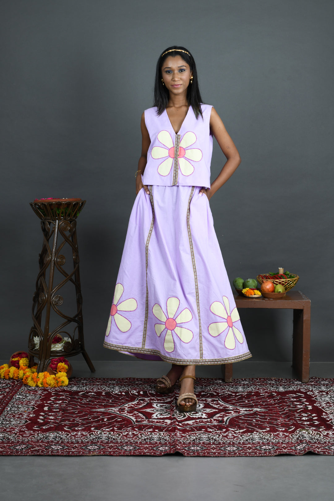 Umang - Lavender Cotton Poplin Skirt and Waistcoat Co-Ord Set