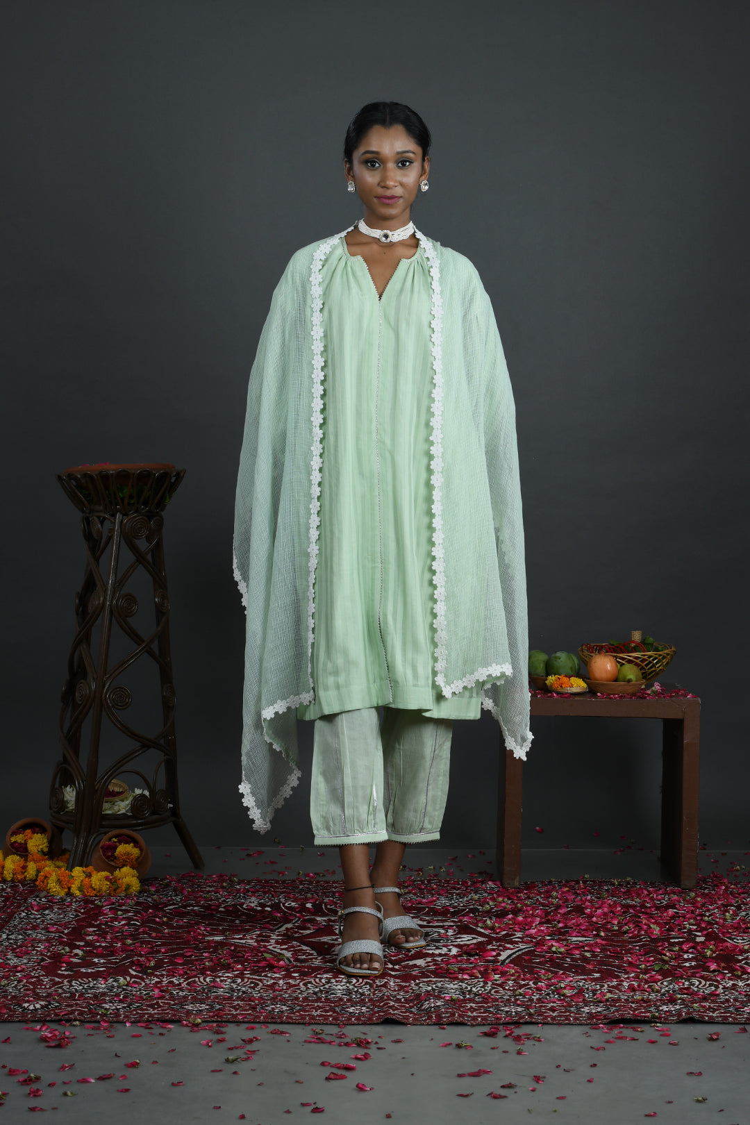 Bagiya - Green Handloom Chanderi Drop Shoulder Kurta Set