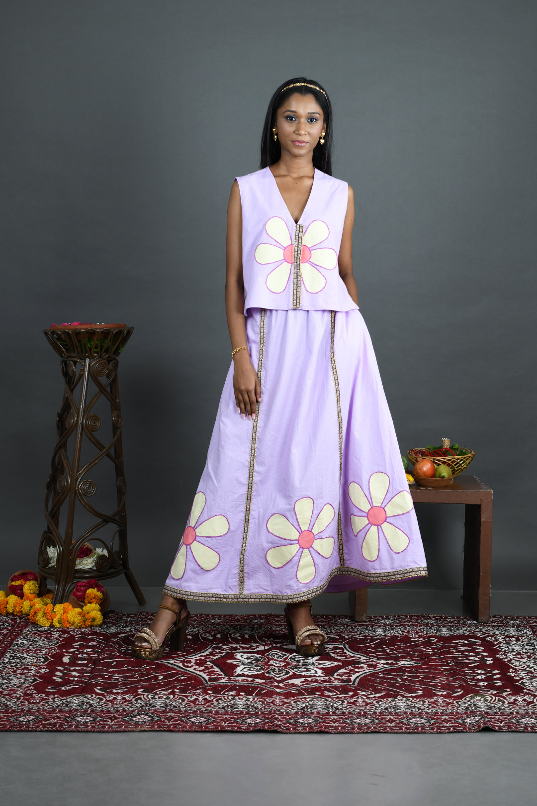 Umang - Lavender Cotton Poplin Skirt and Waistcoat Co-Ord Set