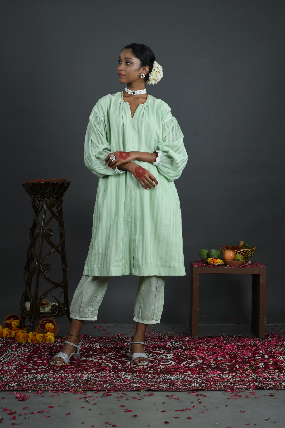 Bagiya - Green Handloom Chanderi Drop Shoulder Kurta Set