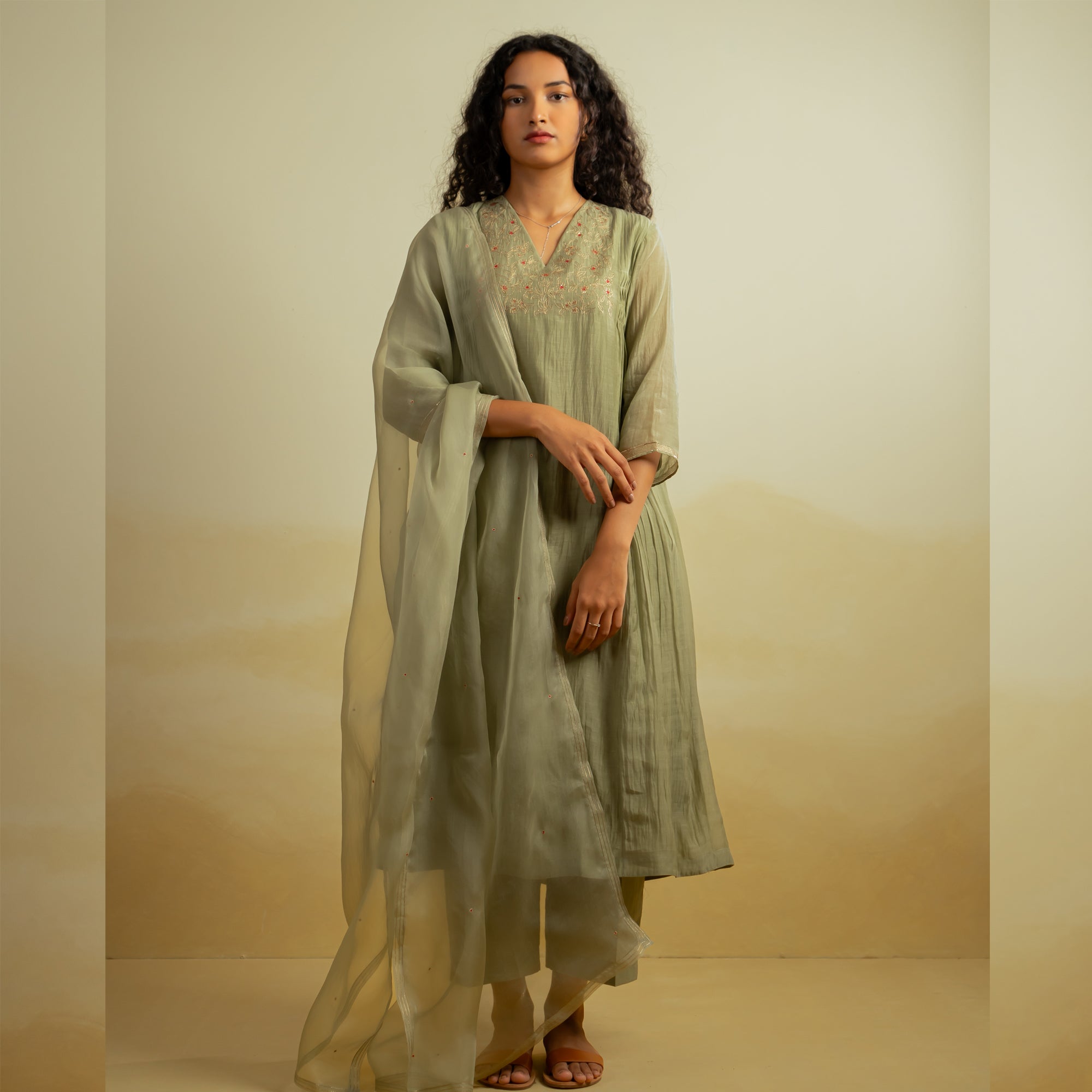 Accacia - Dung Green Handwoven Silk Cotton Chanderi Kurta Set