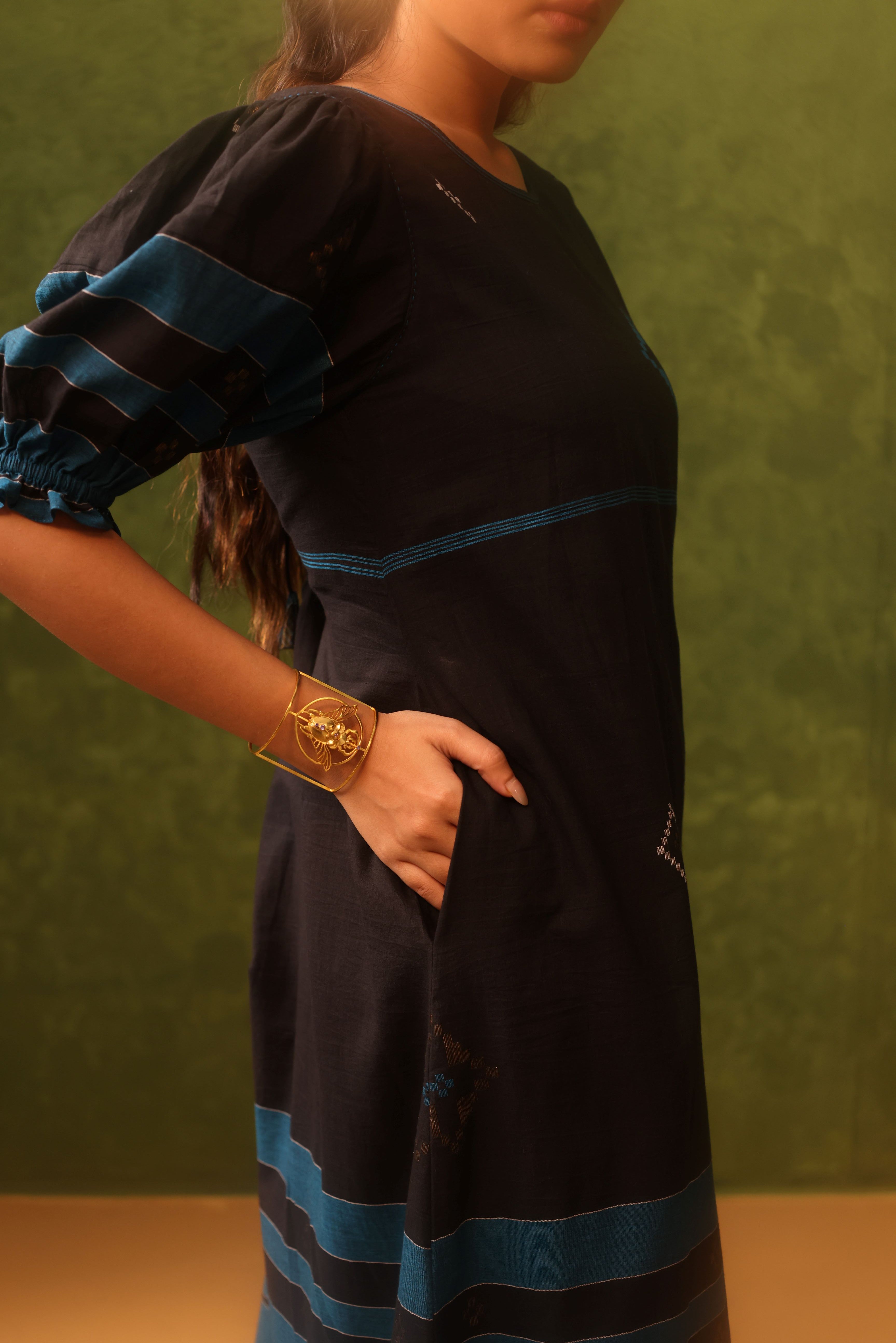 Shabana - Black And Blue Handwoven Cotton Jamdani Dress