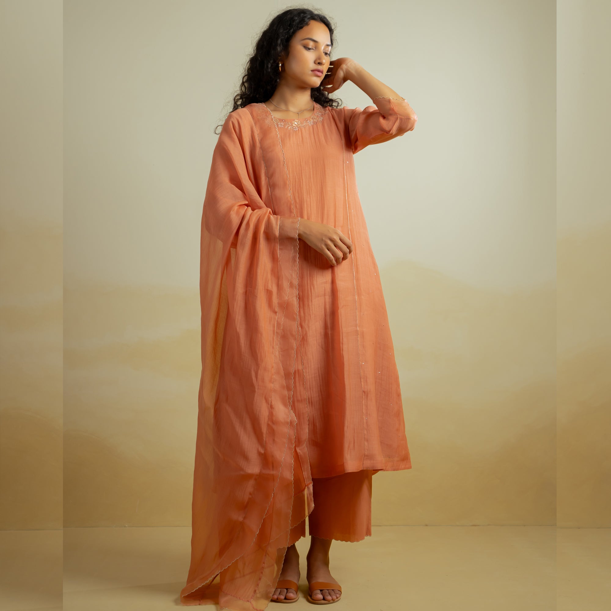 Button Bush - Orange Handwoven Silk Cotton Chanderi Kurta Set