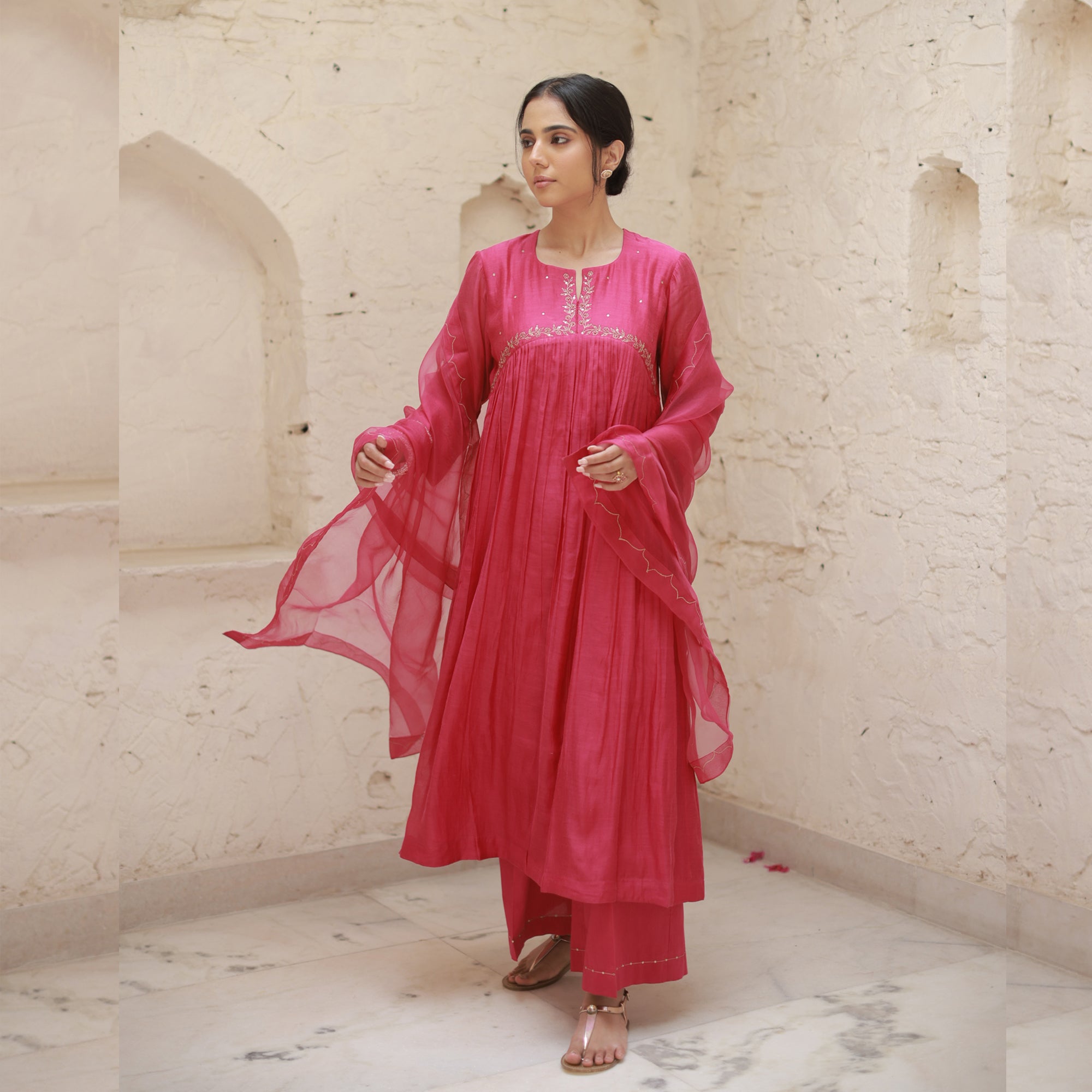 Chameli - Rani Pink Handwoven Silk Cotton Chanderi Kurta Set