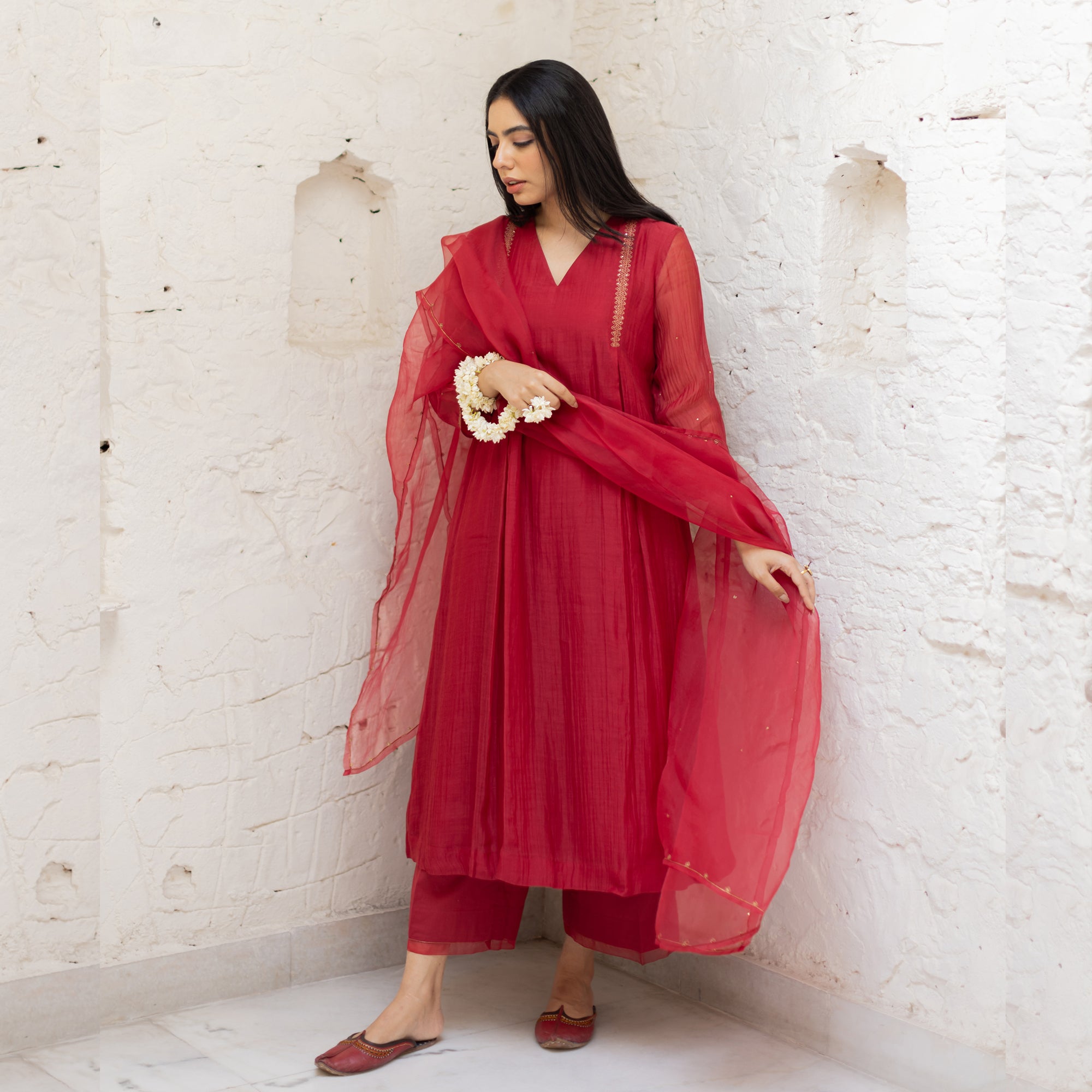 Champa - Red Handwoven Silk Cotton Chanderi Kurta Set