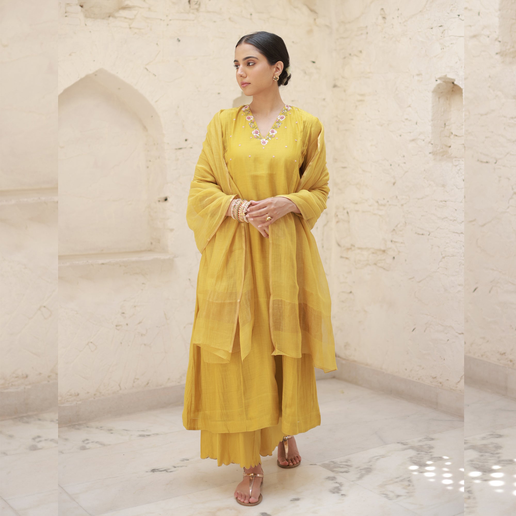 Chandni - Mustard Yellow Handwoven Silk Cotton Chanderi Kurta Set
