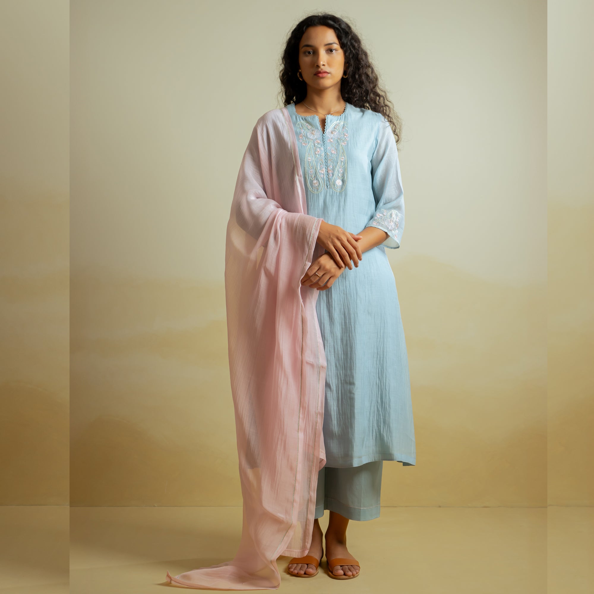 Charlotte - Sky Blue Handwoven Silk Cotton Chanderi Kurta Set