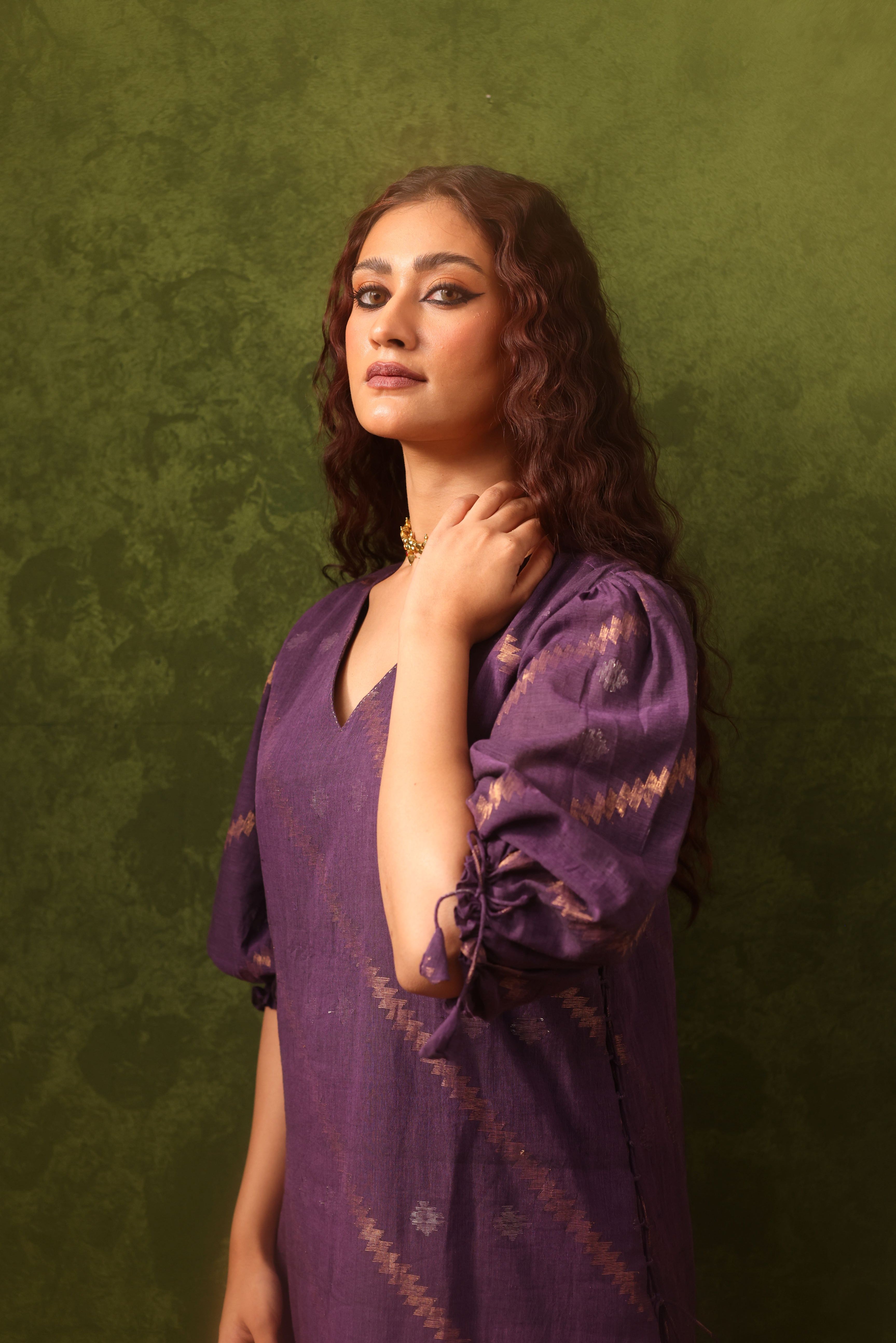 Nargis - Purple Handwoven Cotton Jamdani Dress
