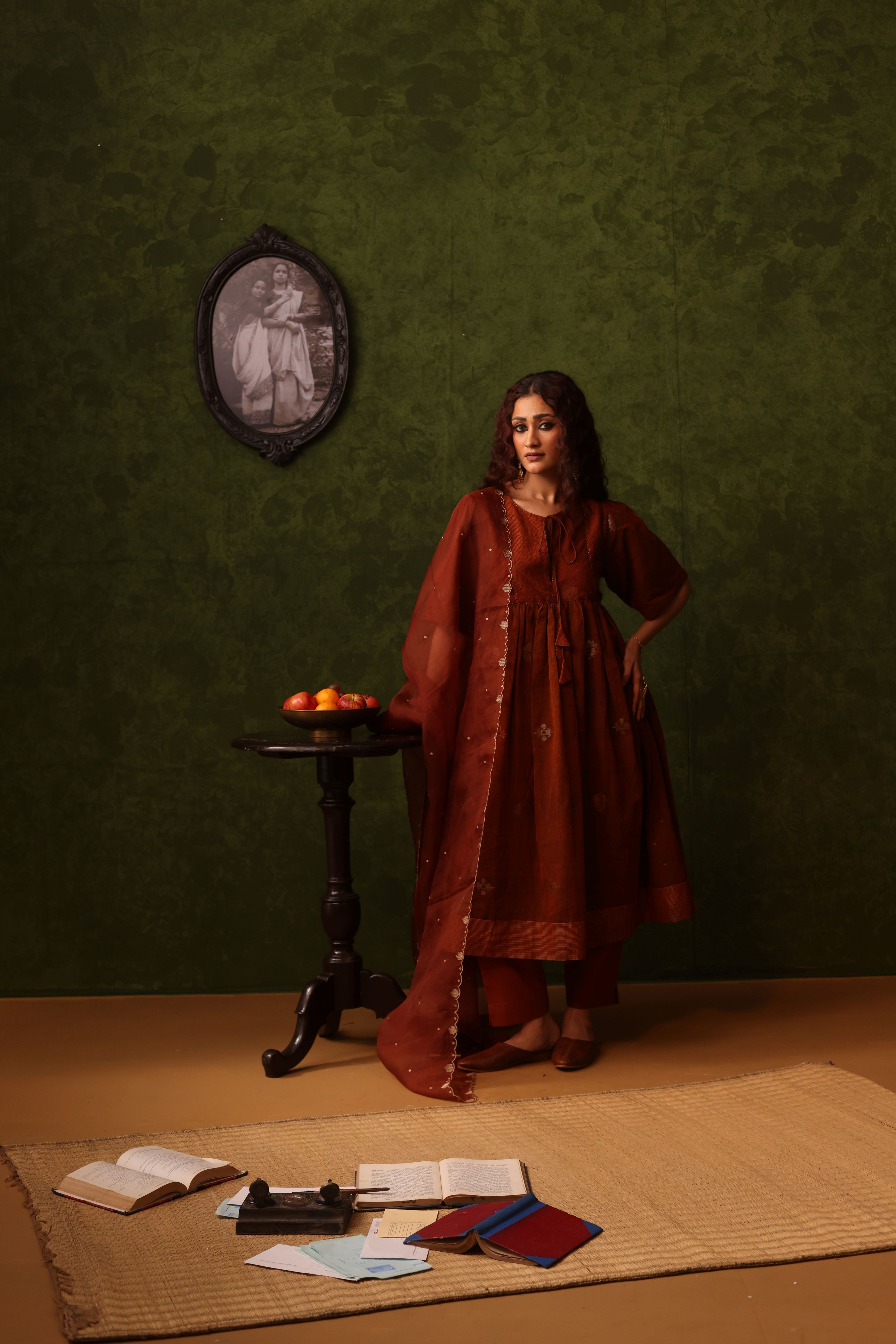 Amrita - Rust Orange Handwoven Cotton Jamdani Kurta Set