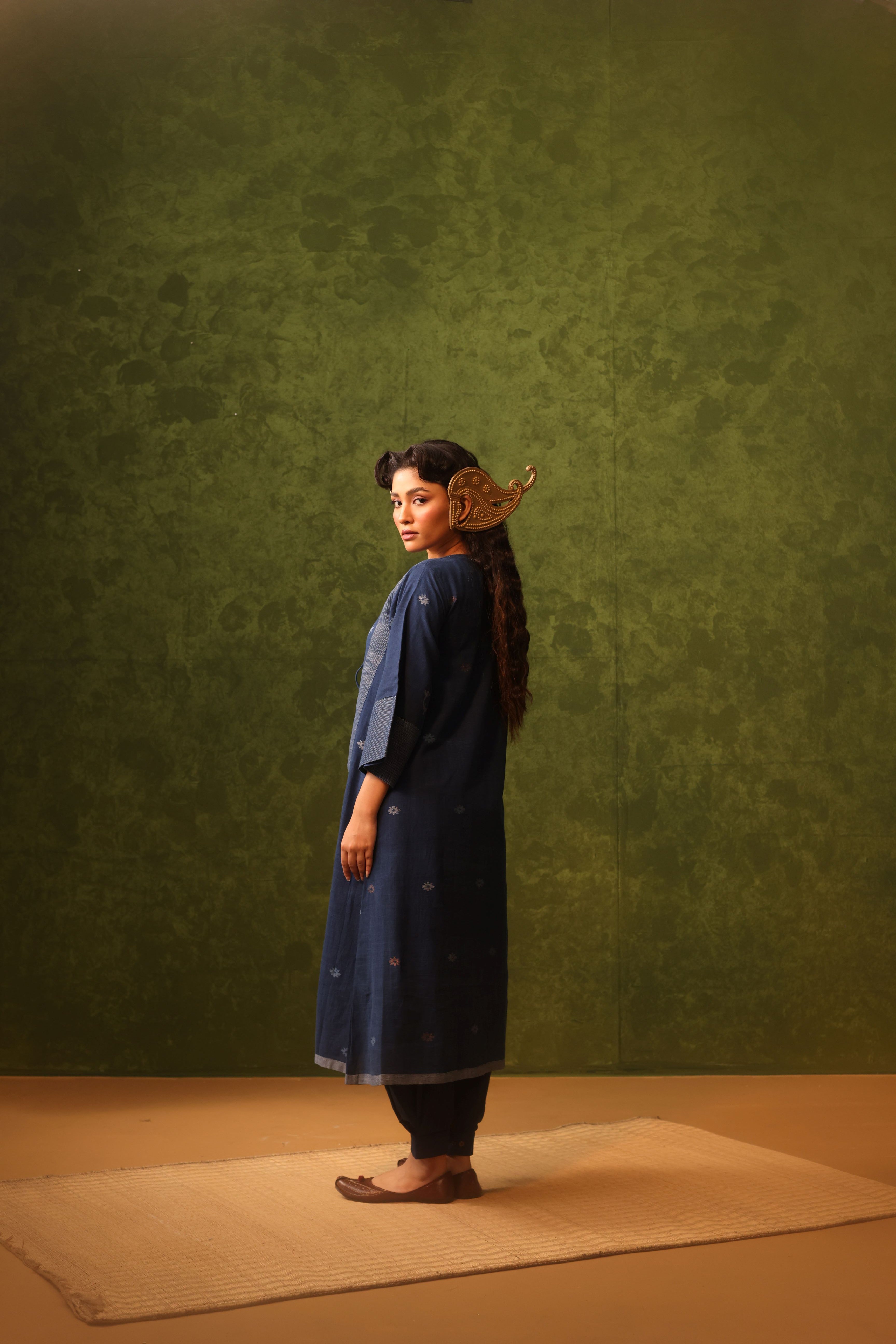 Nila - Indigo Handwoven Cotton Jamdani Kurta Set