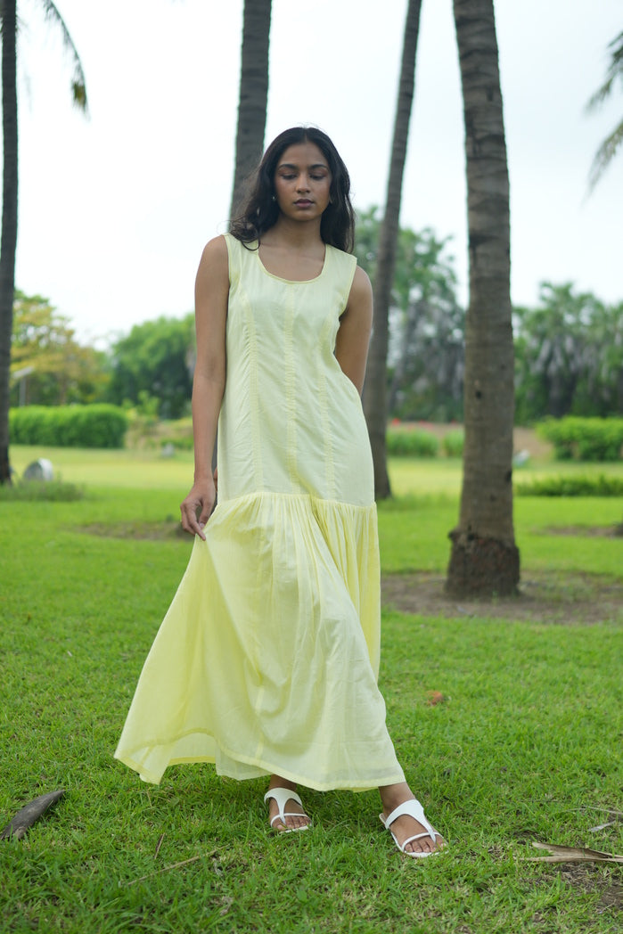 Butter Yellow Cotton Aveiro Drop Waist Dress