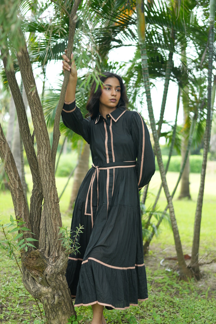Black and Mustard Cotton Line Dress