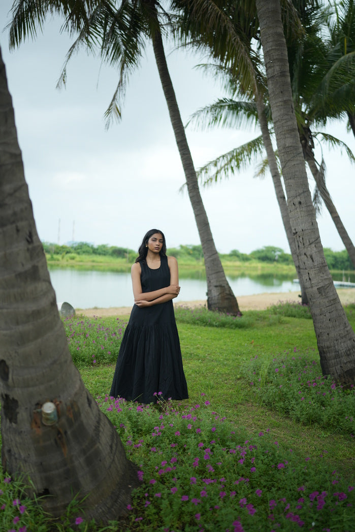 Black Cotton Sintra Drop Waist Dress