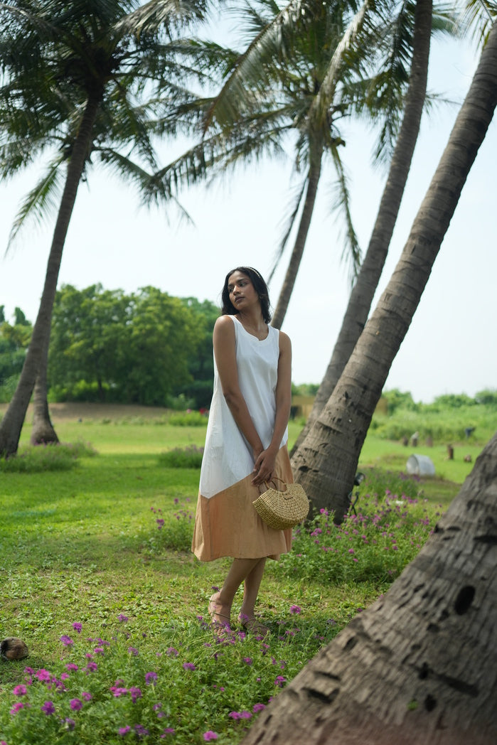 Serres - White and Mustard Cotton Poplin Contrast Dress