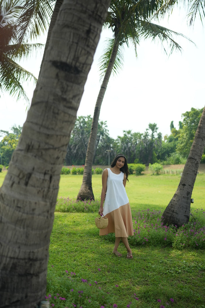 Serres - White and Mustard Cotton Poplin Contrast Dress