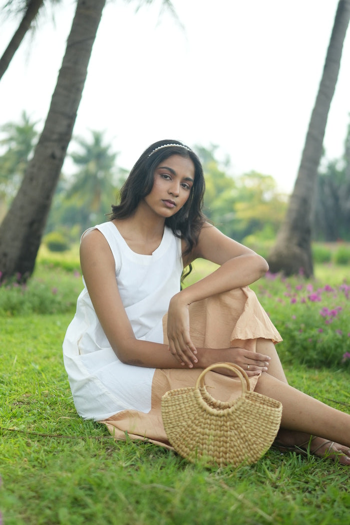 Serres - White and Mustard Cotton Poplin Contrast Dress