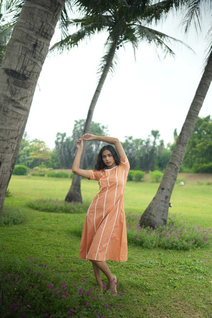 Peach Cotton Poplin Lugano Striped Dress