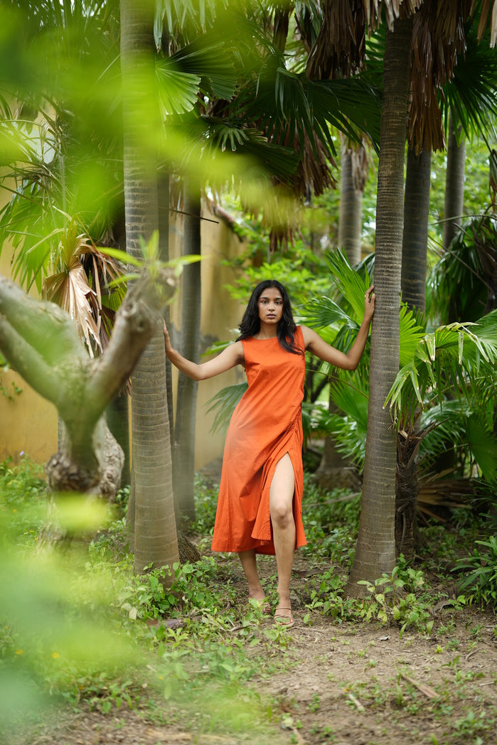 Orange Cotton Poplin Santiago Ruched Dress