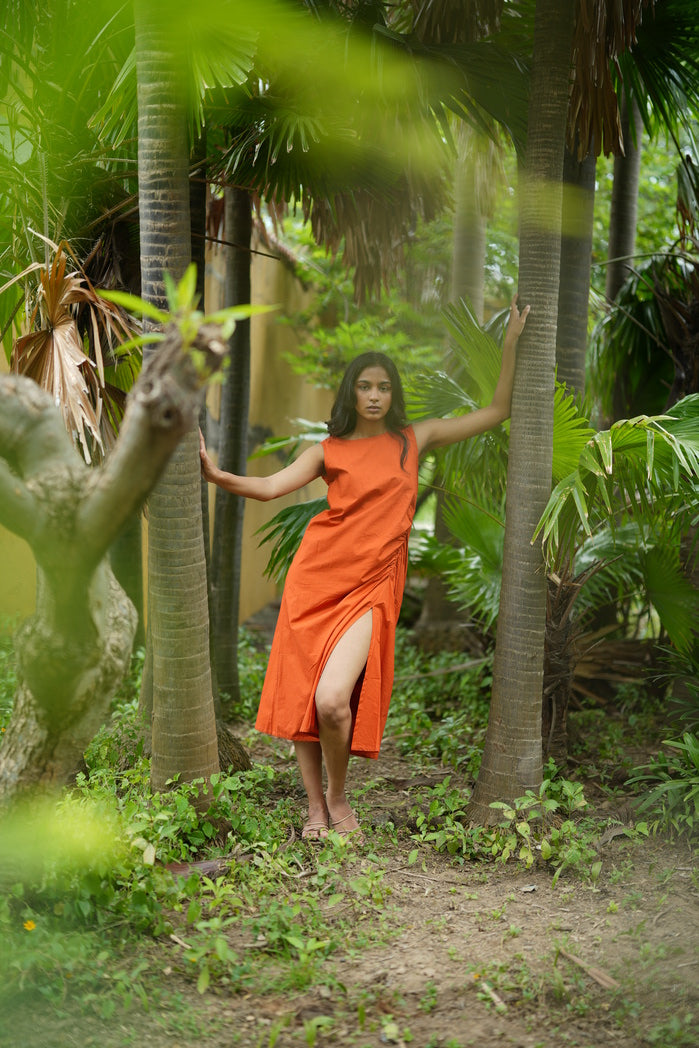 Santiago - Orange Cotton Poplin Ruched Dress