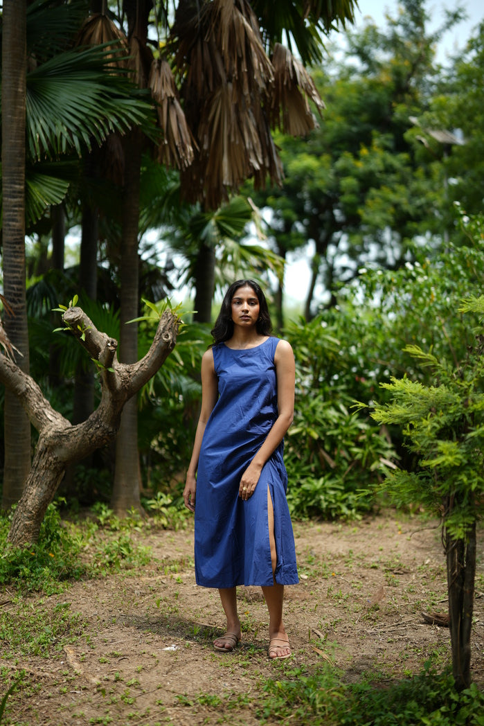 Deep Blue Cotton Poplin Bogota Ruched Dress