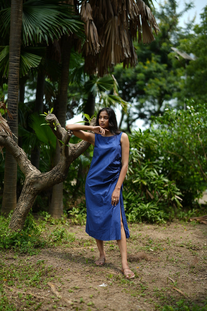 Bogota - Deep Blue Cotton Poplin Ruched Dress