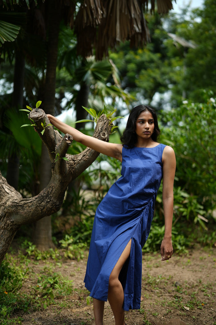 Deep Blue Cotton Poplin Bogota Ruched Dress