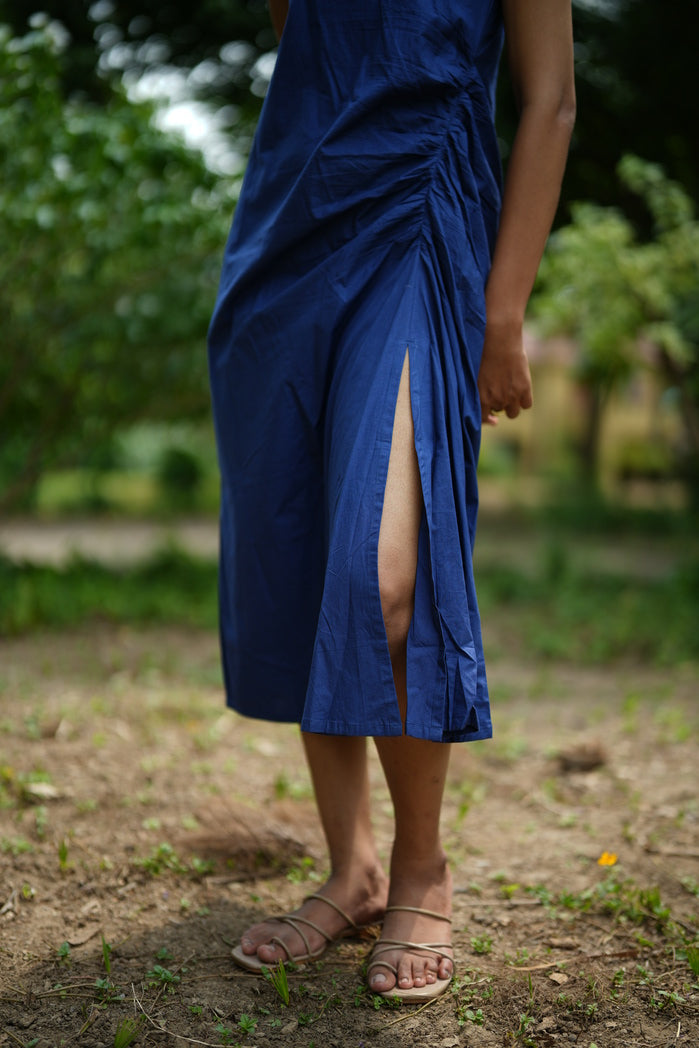 Bogota - Deep Blue Cotton Poplin Ruched Dress