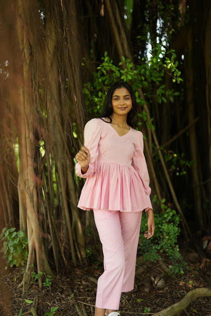 Baby Pink Cotton Poplin La Paz Peplum Set