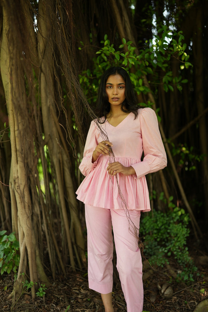 Baby Pink Cotton Poplin La Paz Peplum Set