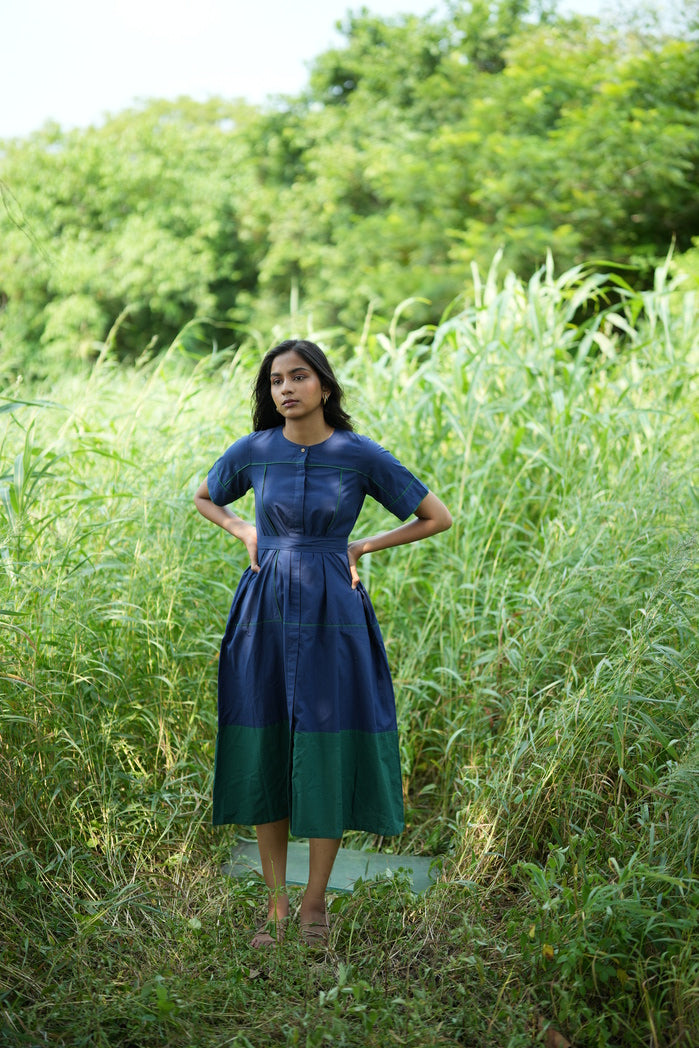 Navy Blue and Green Cotton Poplin Apia Dual Tone Dress