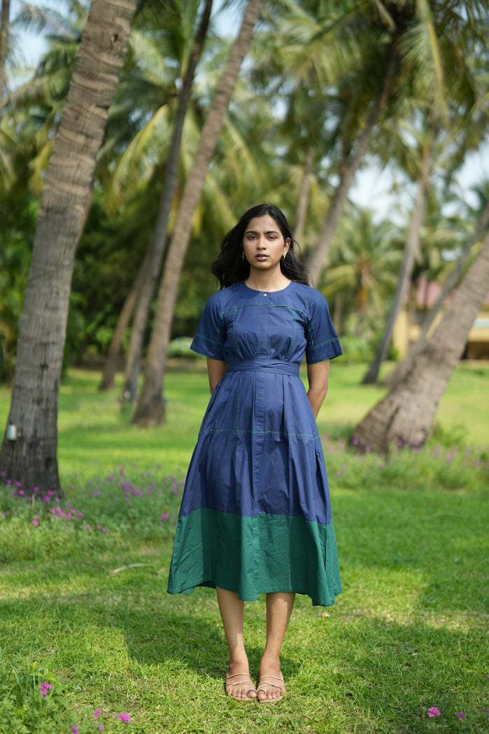 Navy Blue and Green Cotton Poplin Apia Dual Tone Dress